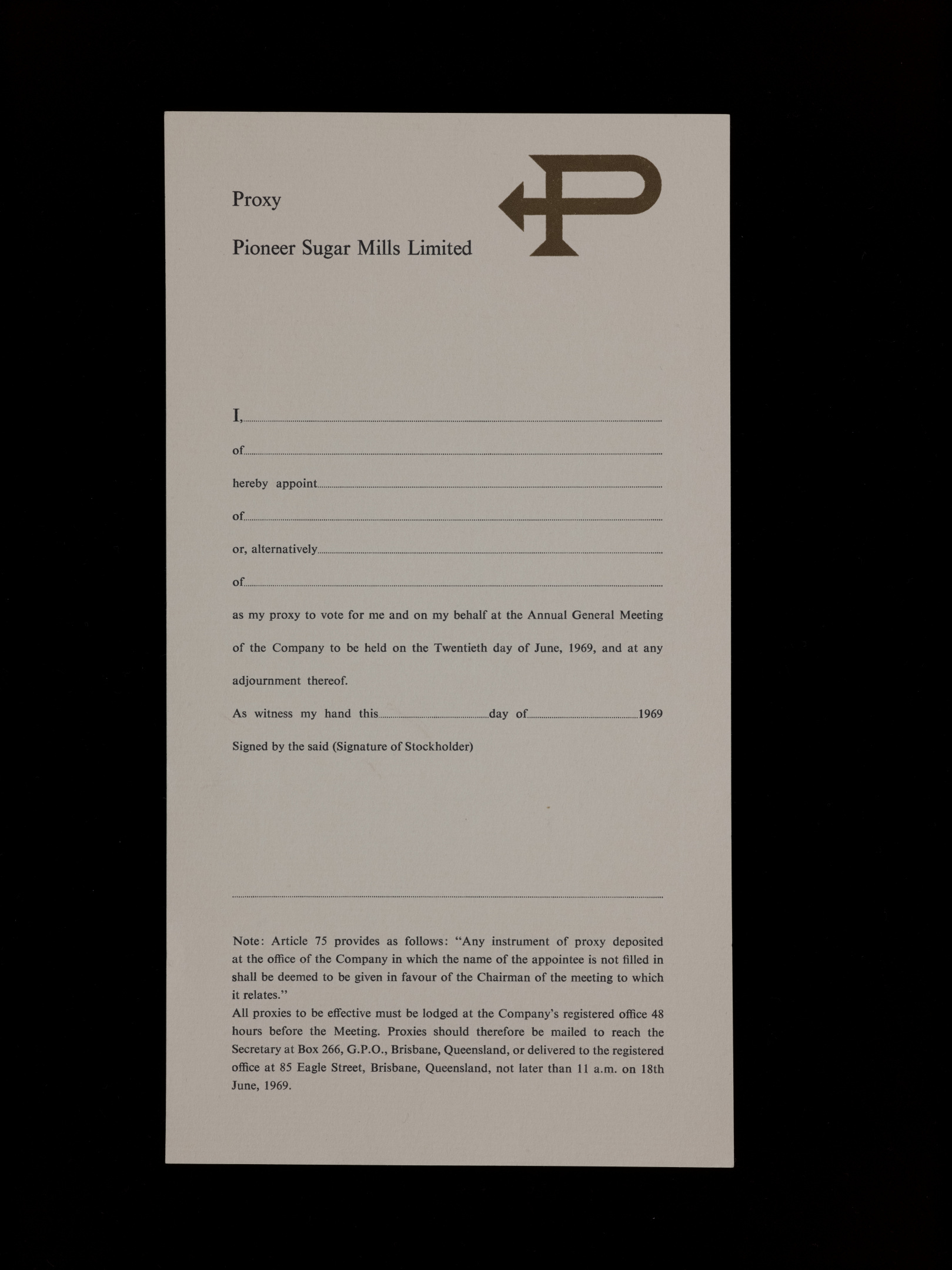 Pioneer Sugar Mills proxy vote form designed by Alistair Morrison