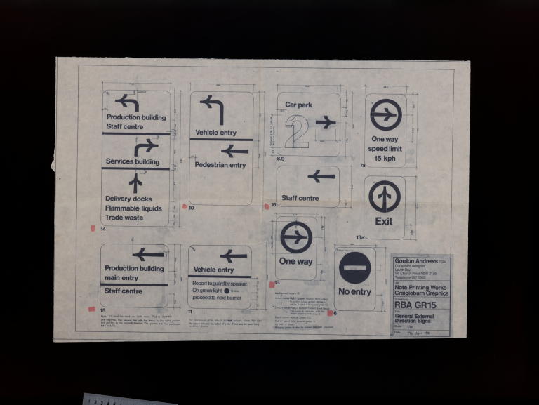 External directions signage dyeline for RBA designed by Gordon Andrews