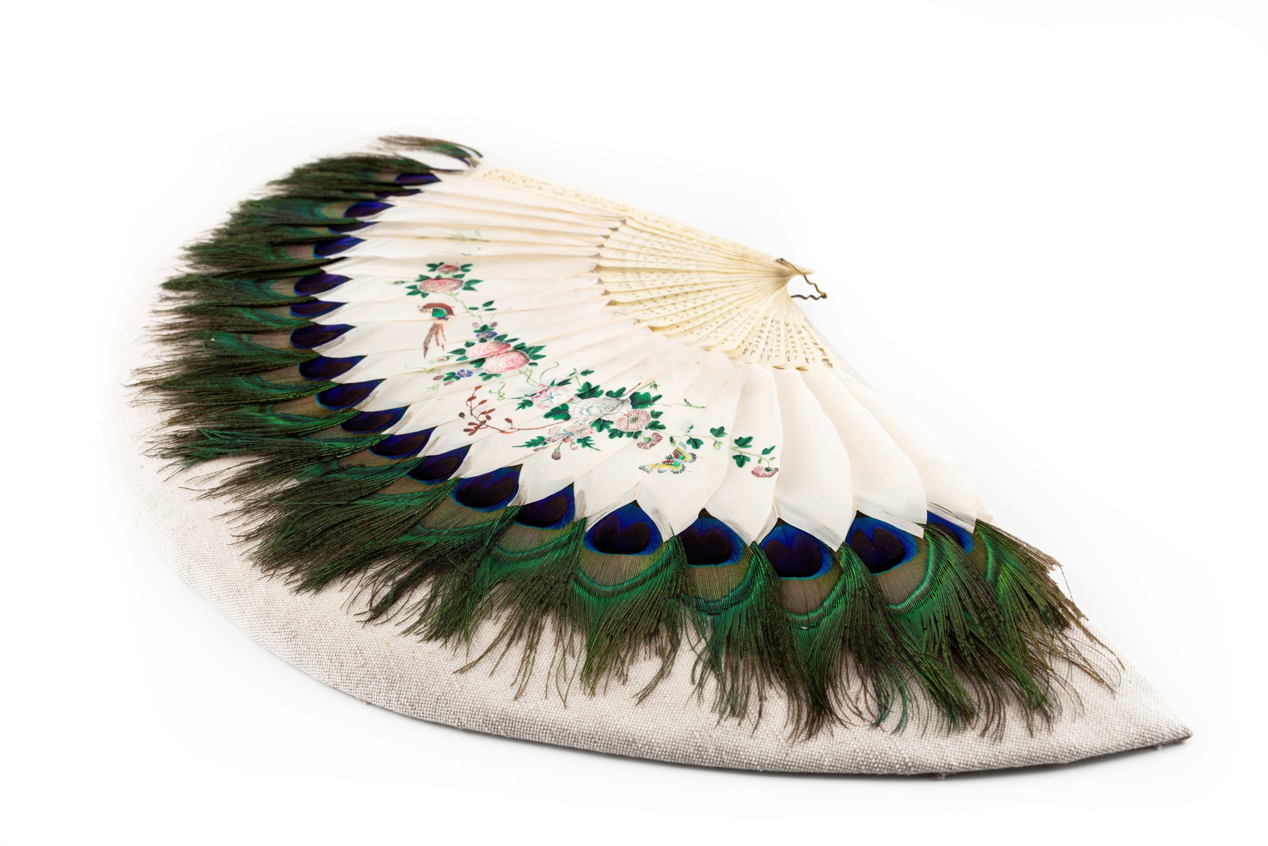 Bone and peacock feather brise fan