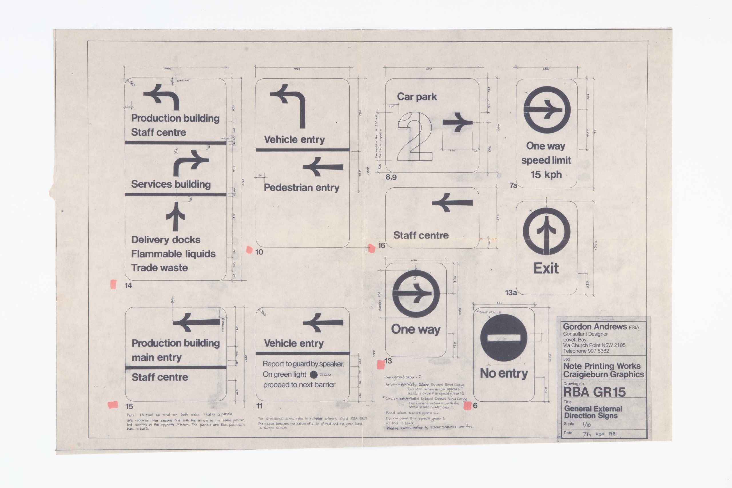 External directions signage dyeline for RBA designed by Gordon Andrews