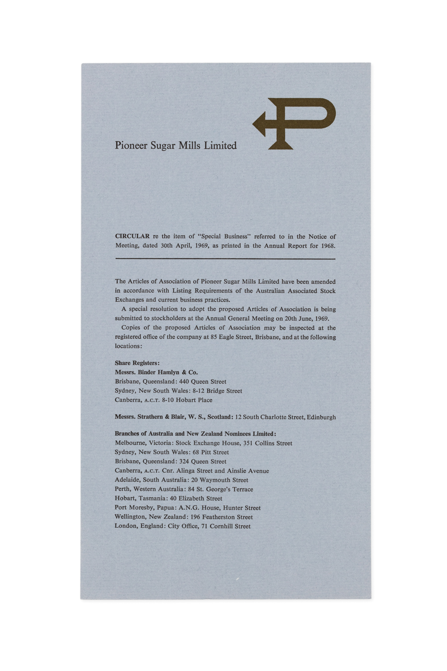 Pioneer Sugar Mills annual report insert designed by Alistair Morrison
