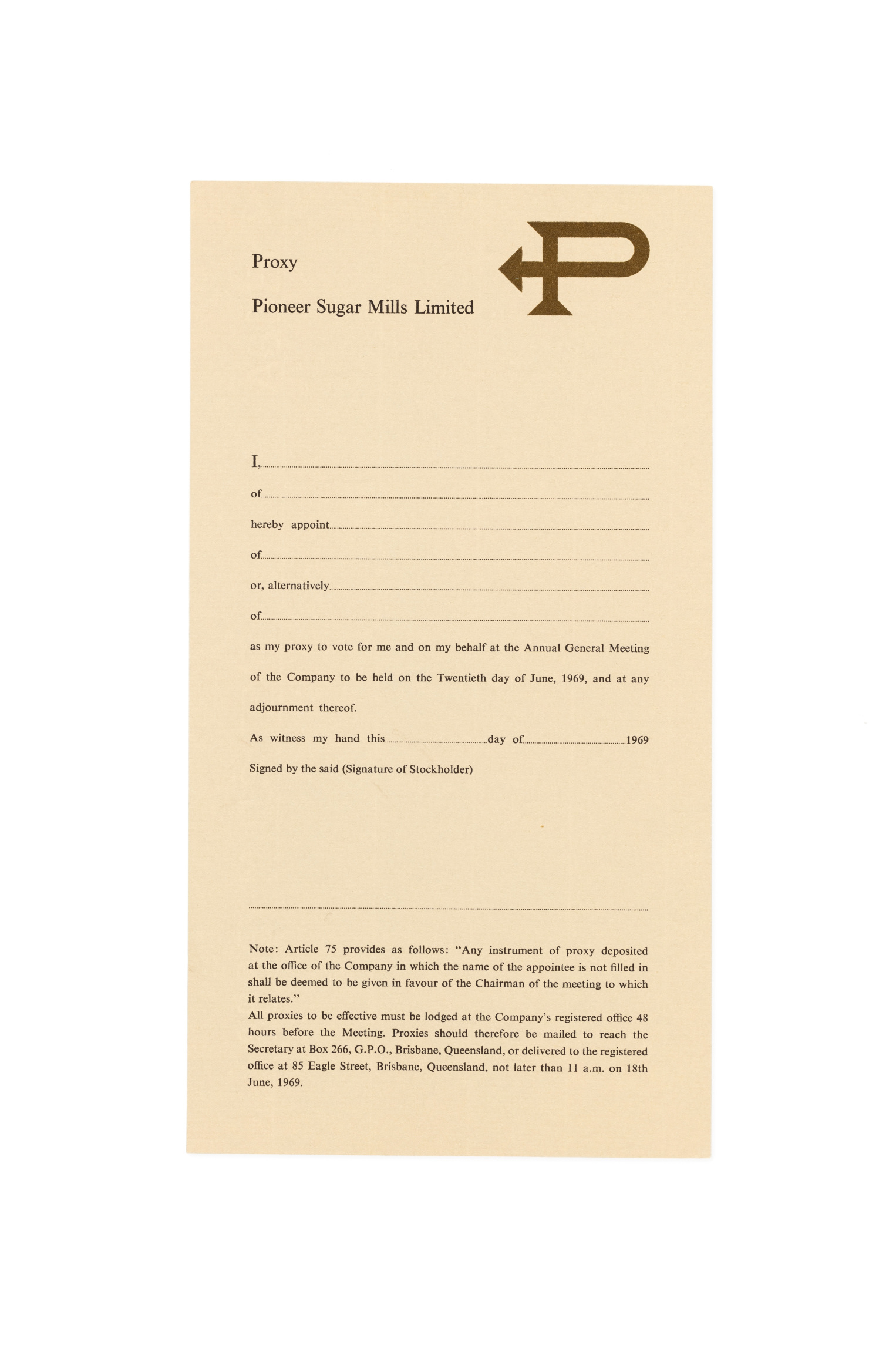 Pioneer Sugar Mills proxy vote form designed by Alistair Morrison