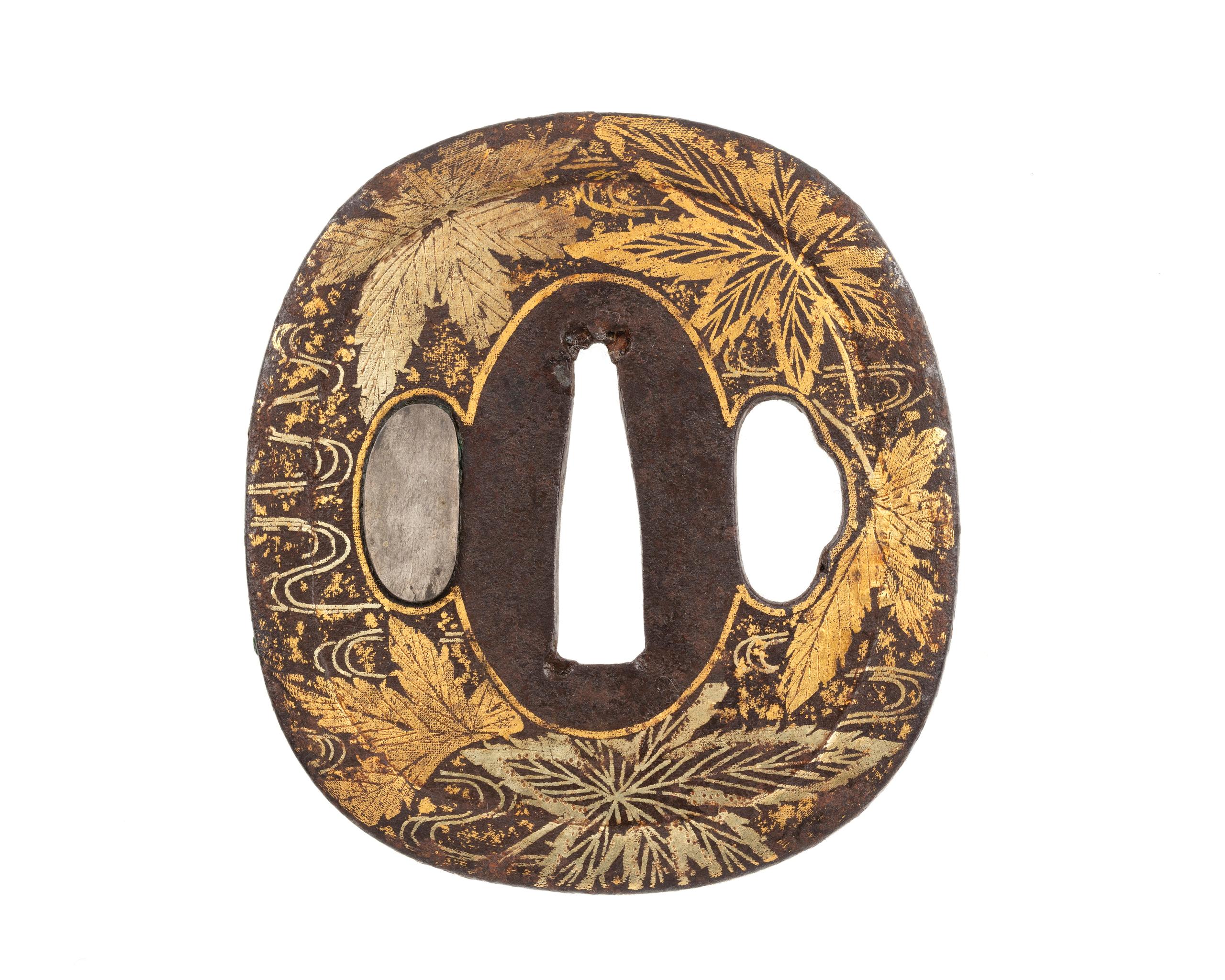 Japanese iron and gilt tsuba in damascene style, late 18th Century