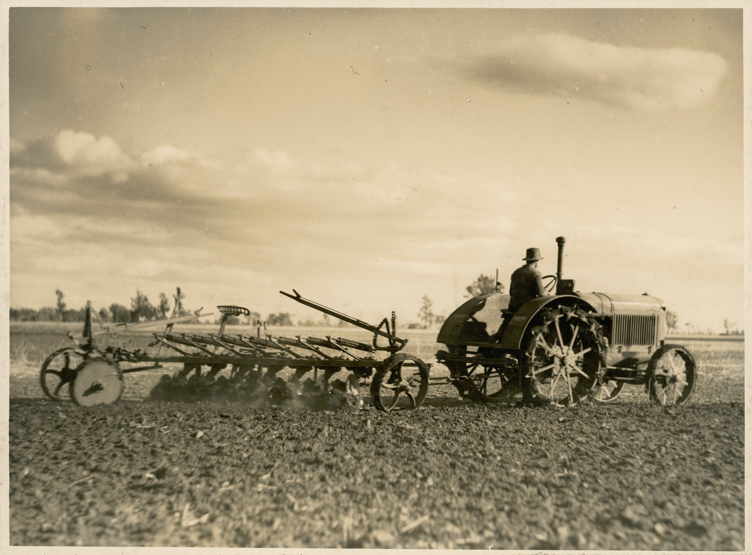 Five photographs demonstrating the preparation and planting of a field