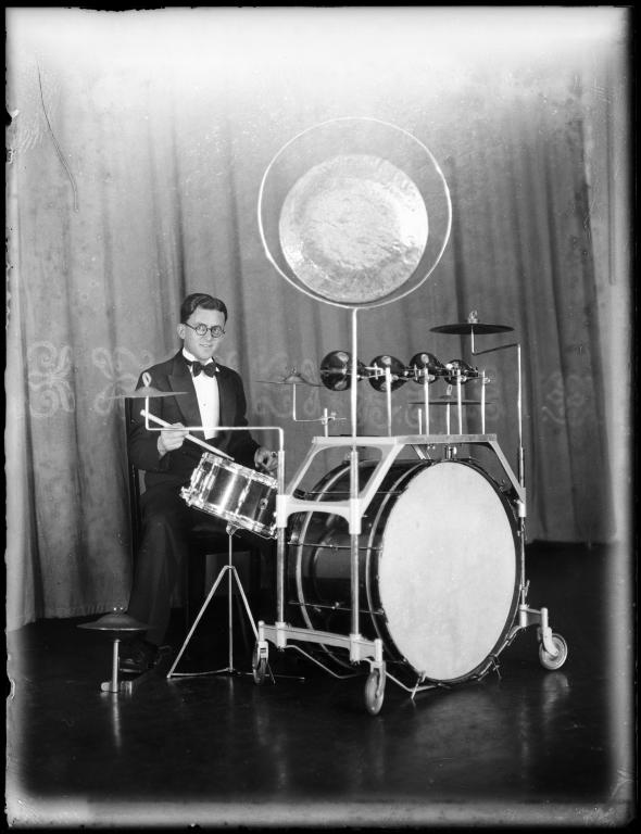 Glass plate negative of dance band drummer Stan Farmer photographed by Tom Lennon