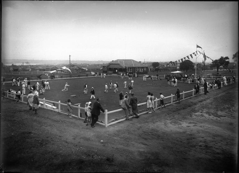 Glass plate negative of bowling green photographed by Tom Lennon