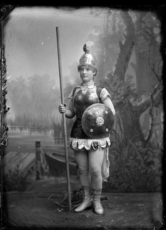 Glass plate negative, portrait of a young woman dressed as Boadecia or Mother England