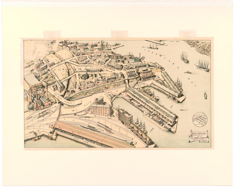 'Sydney Harbour Trust Birds Eye View Showing New Wharves and Approaches Jones Bay, Pyrmont' lithograph