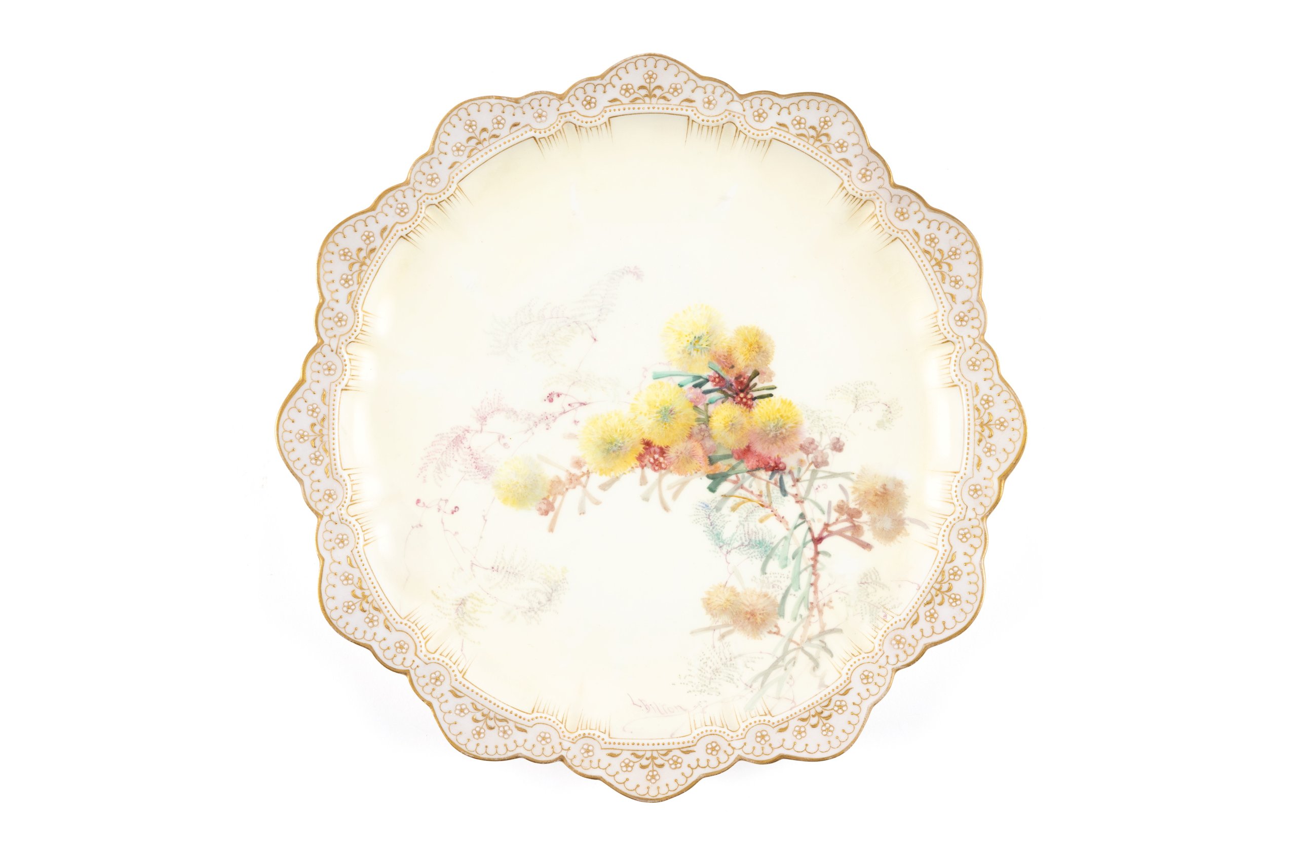 Doulton porcelain (bone china) plate painted by Louis Bilton with Australian wattle