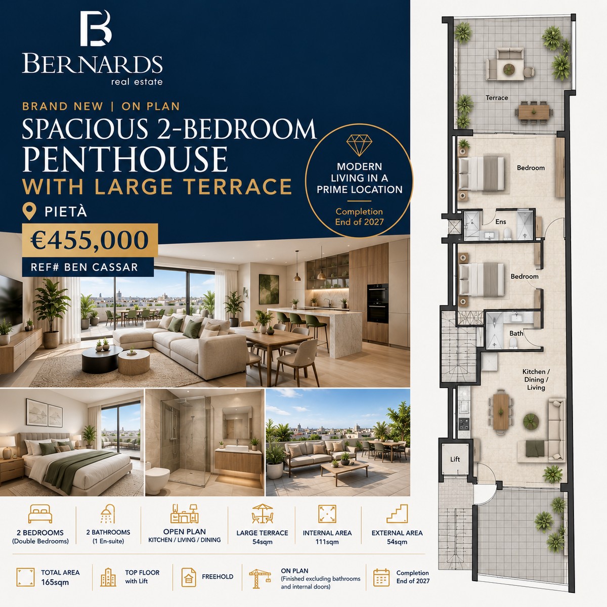 Spacious 165 sqm 2-Bedroom Penthouse with a 54 sqm Terrace in Pietà