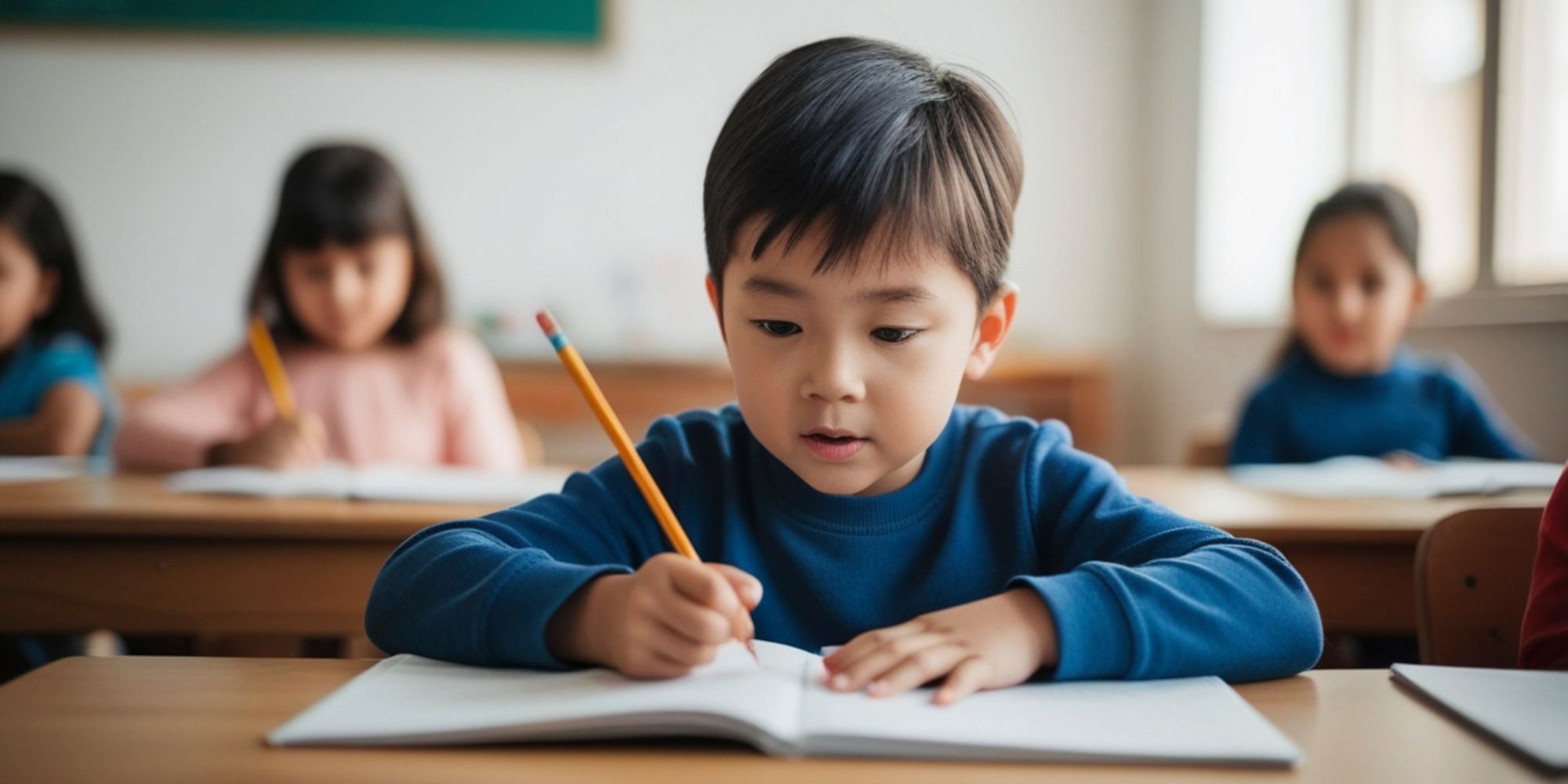 An elementary student writes by hand with a pencil at a classroom desk.