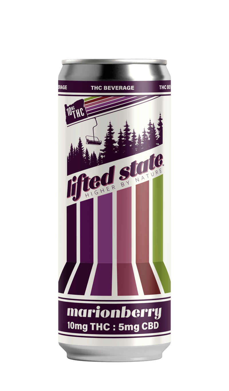 A sleek can of Lifted State Marionberry THC beverage featuring a colorful design.