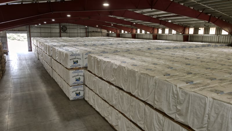 Packsaddle Pellets warehouse stacked with pallets