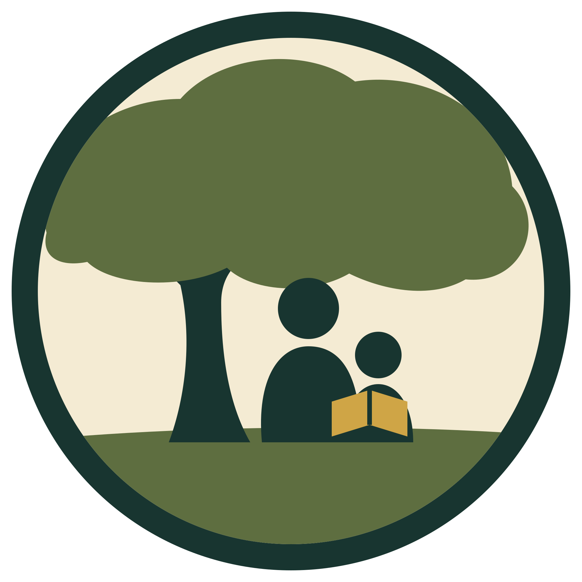 Illustration: a family resting under a large oak tree.