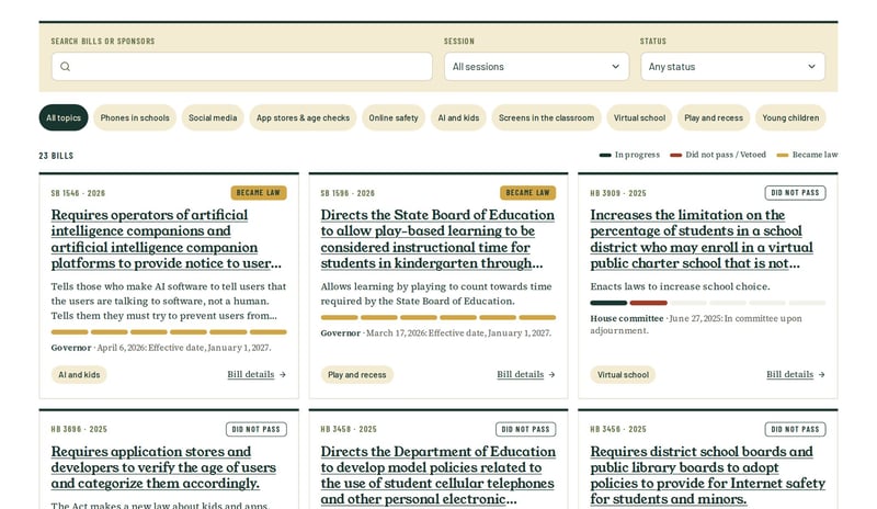 The legislation tracker with topic filters and bill cards showing status, a plain summary and a progress bar