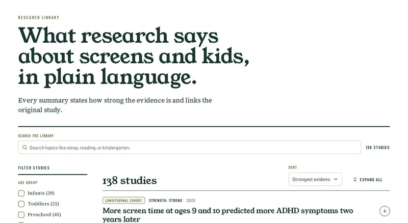 The research library with a search box, filters by age group, and study entries labeled with study type and evidence strength