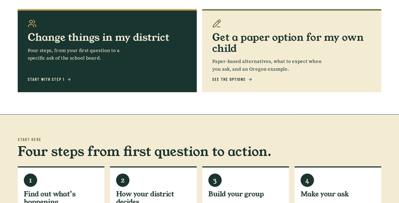 The toolkit page offering two paths, change things in my district or get a paper option for my own child, above four numbered steps