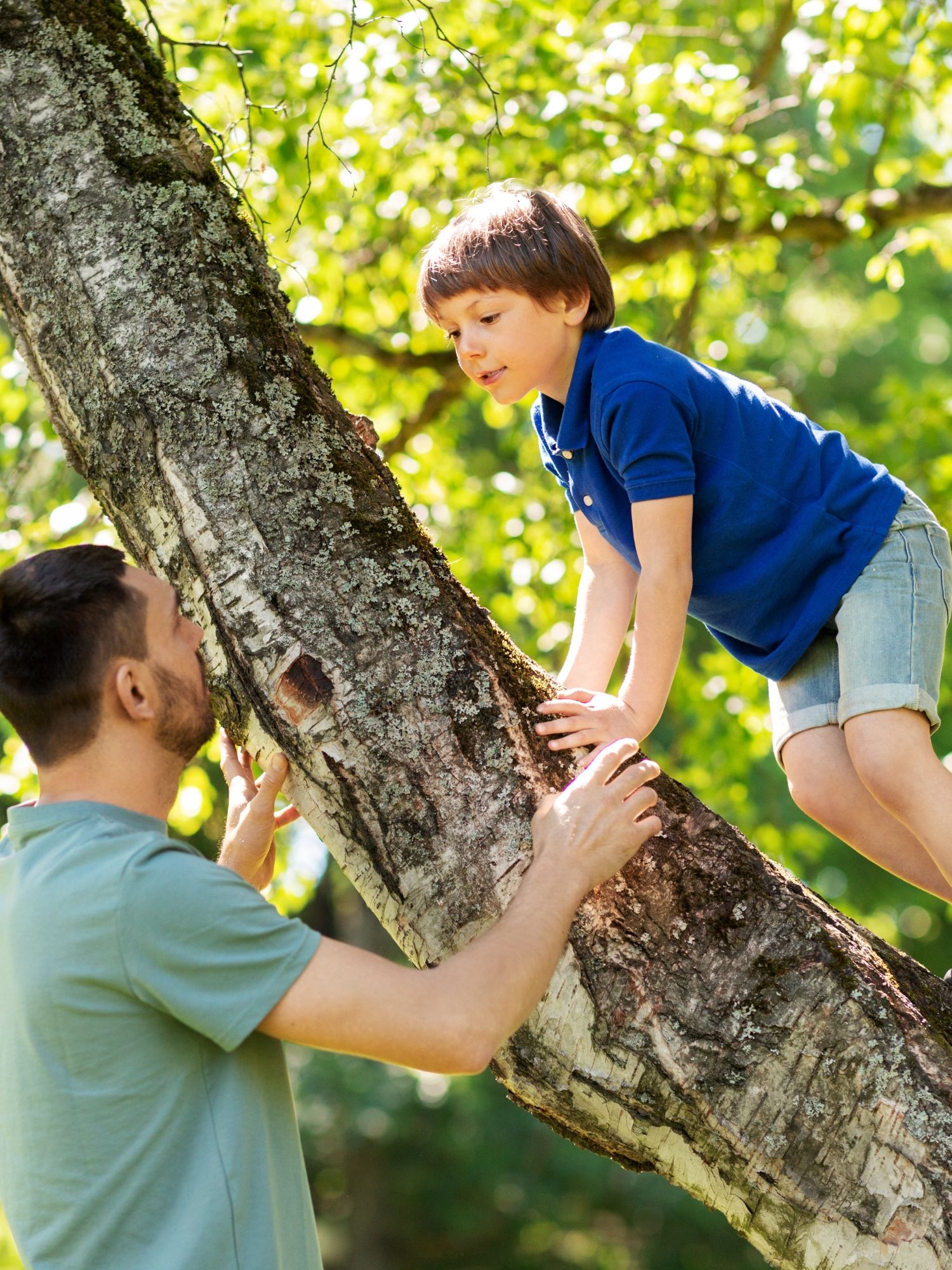 A parent supports a child climbing a tree in a park.