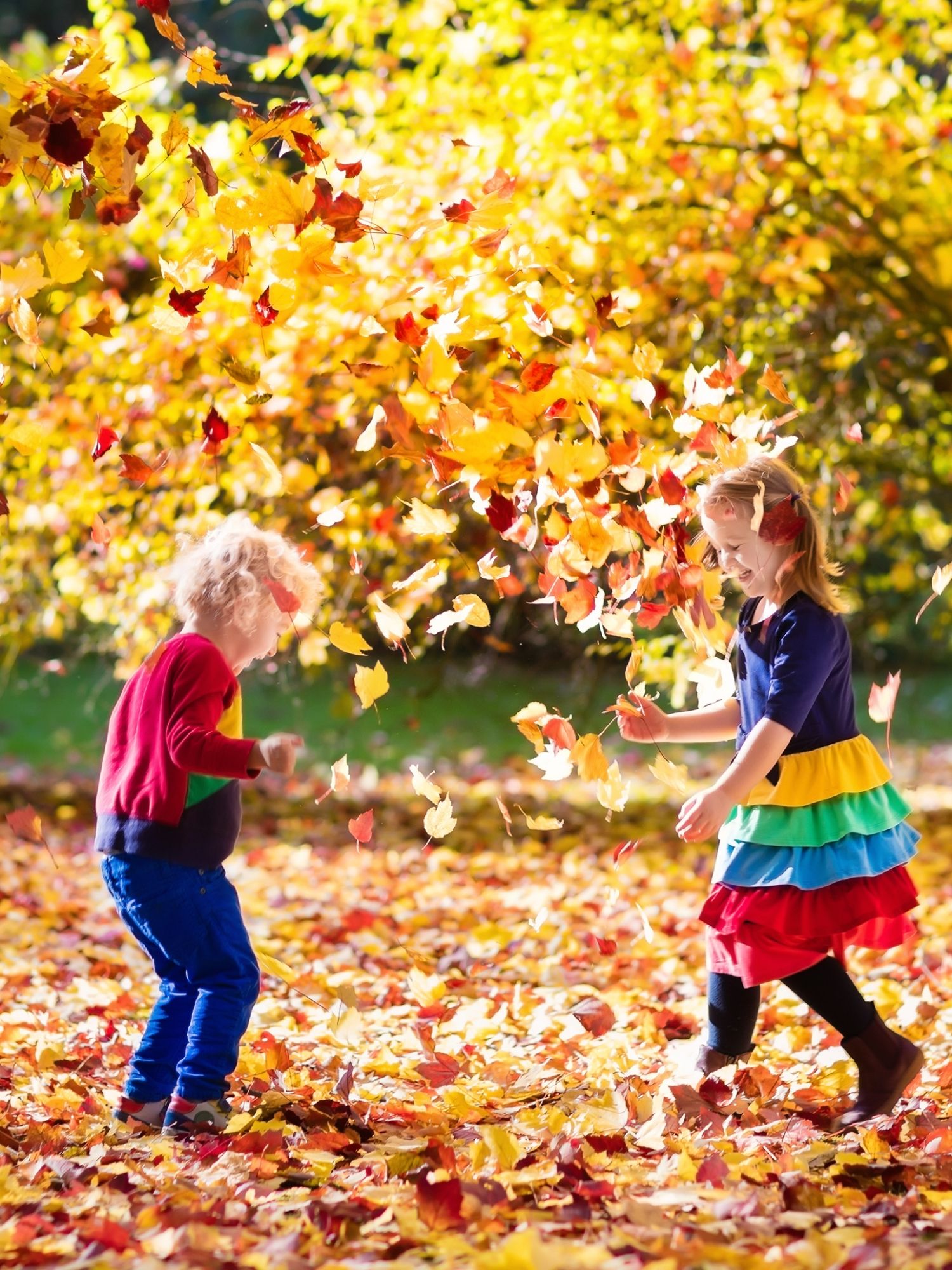 Two children play together among bright autumn leaves.