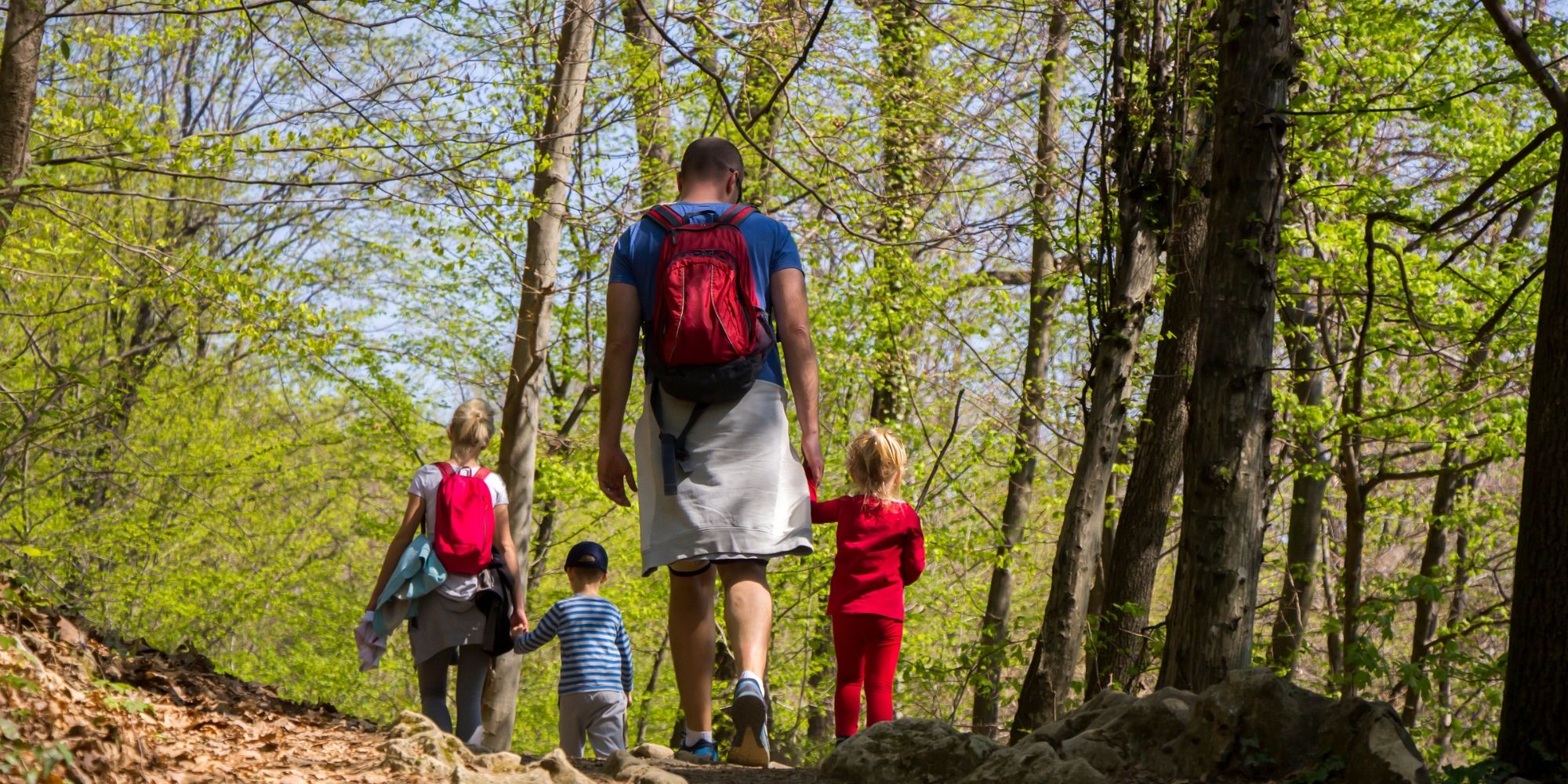 A family walks together on a forest trail.