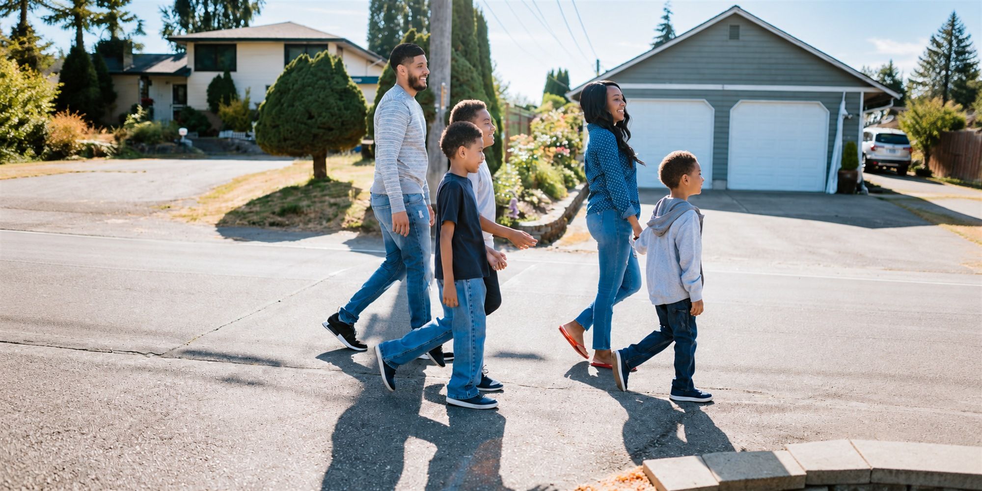 A family of five walks together down a sunny neighborhood street.