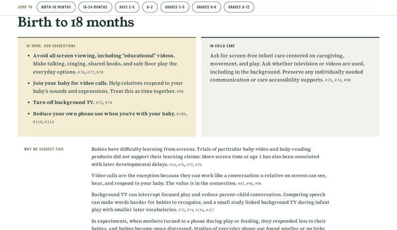 The Birth to 18 months section with at home suggestions, child care suggestions, and a why we suggest this explanation