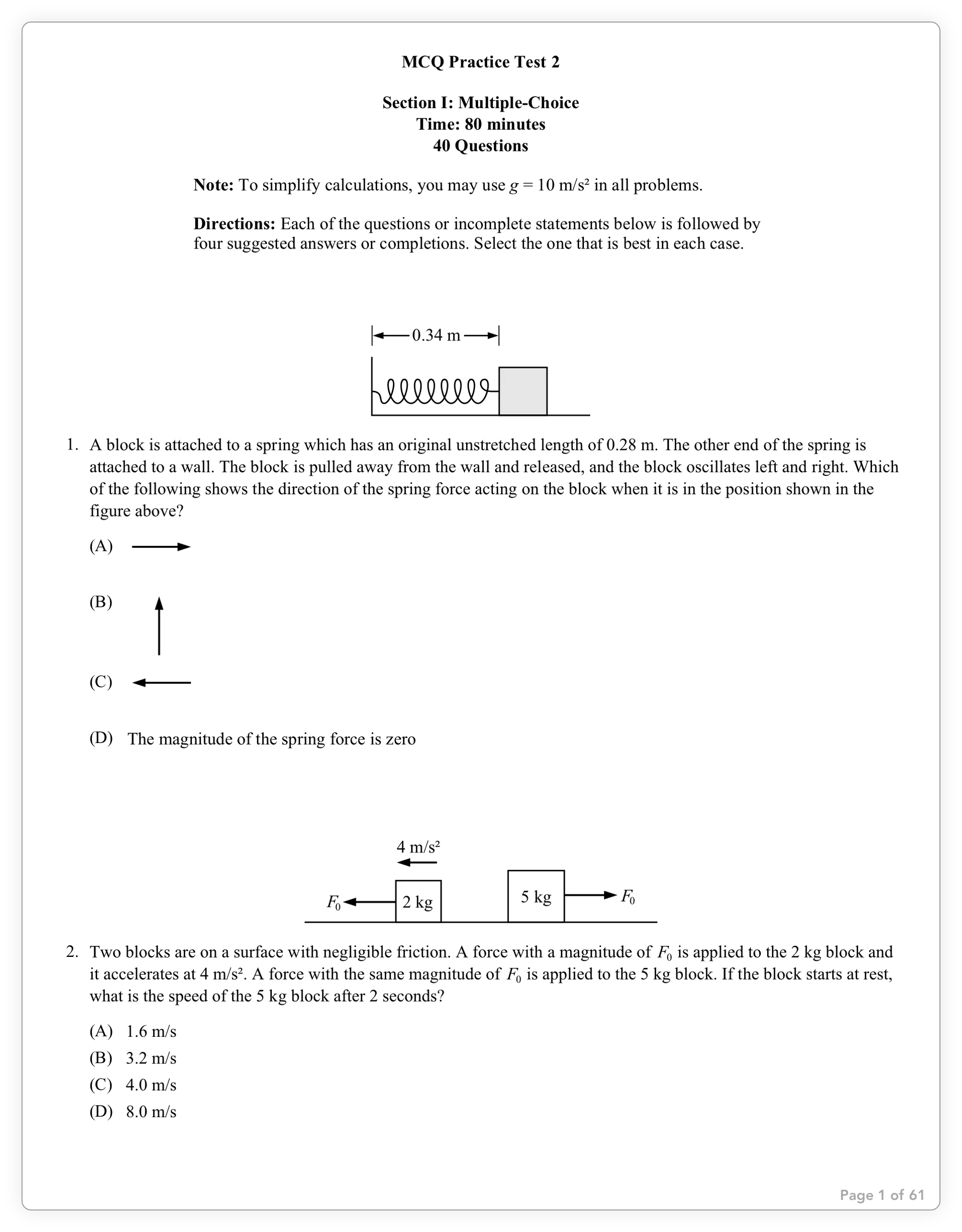 AP Physics 1 MCQ practice test 2