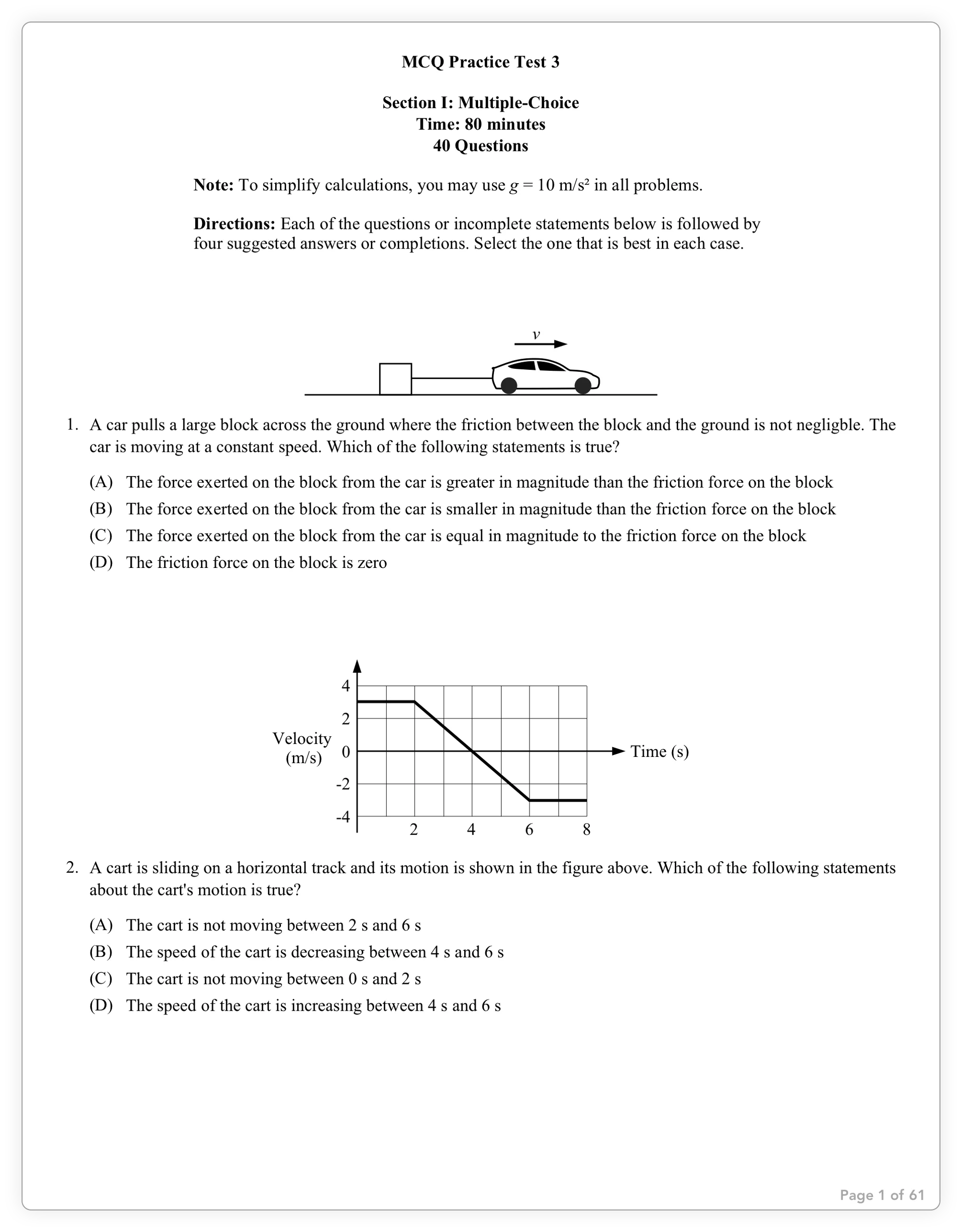 AP Physics 1 MCQ practice test 3