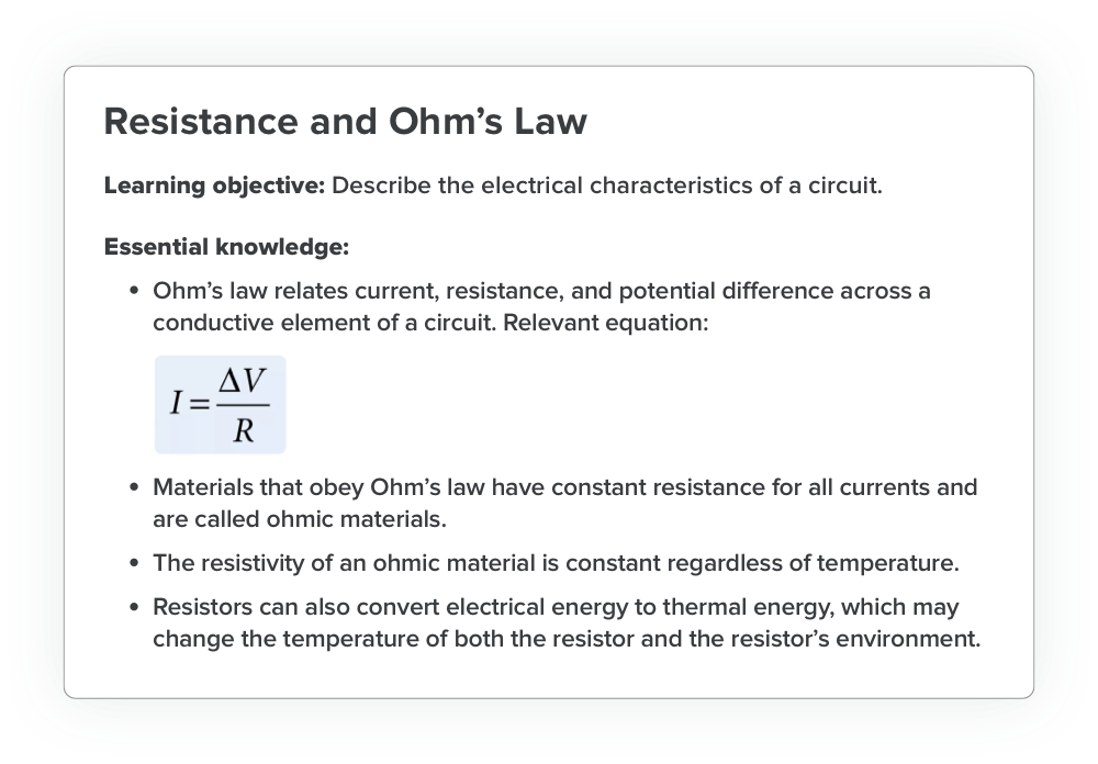 AP Physics 2 notes on resistance and Ohm's law