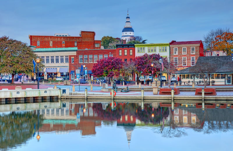 Waterfront buildings and the State House dome in Annapolis, Maryland, beside Chesapeake Bay.