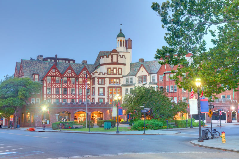 Tudor-style buildings in downtown Scarsdale, Westchester County, New York.