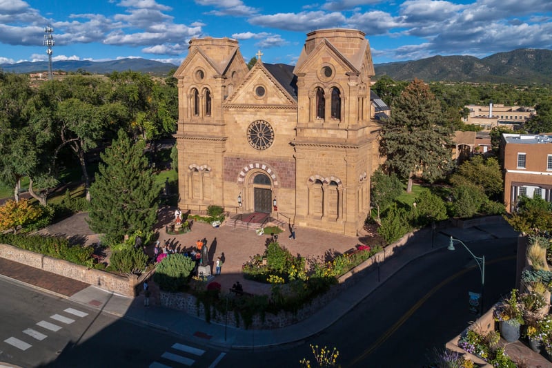 The Cathedral Basilica of St. Francis of Assisi and surrounding streets in Santa Fe, New Mexico.