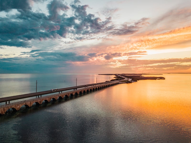 Seven Mile Bridge stretching across turquoise water in the Florida Keys.