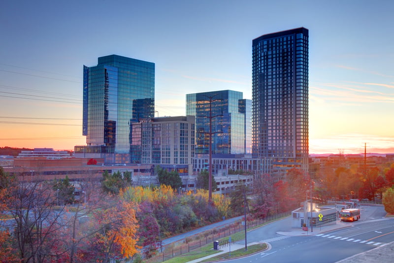 Modern office towers beside landscaped grounds in Reston, Fairfax County, Virginia.