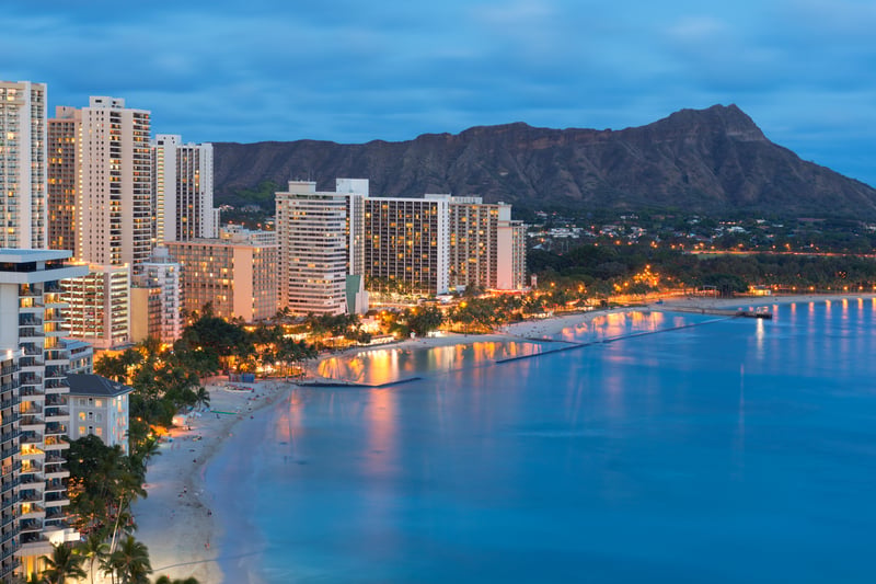 Waikiki Beach and Honolulu's skyline with Diamond Head in the distance at dusk.