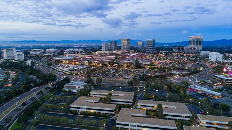 Newport Beach's skyline in Orange County, California, just after sunset.