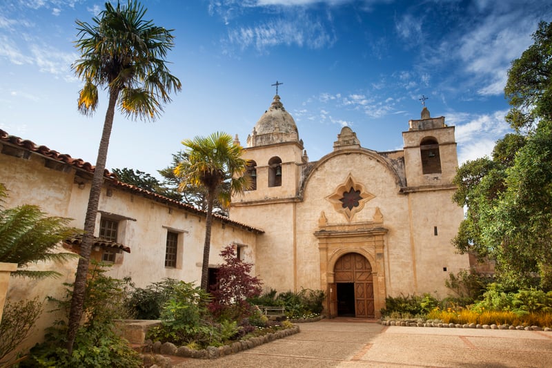 Carmel Mission Basilica and its grounds in Carmel-by-the-Sea, California.