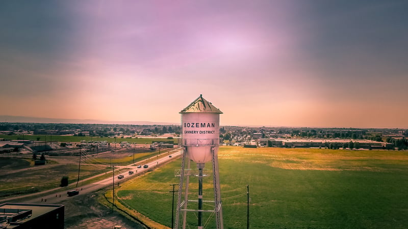The Bozeman water tower above the Cannery district in Bozeman, Montana, at sunset.