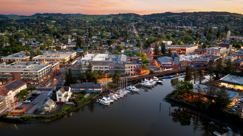 Historic downtown Petaluma and the Petaluma River in Sonoma County, California.
