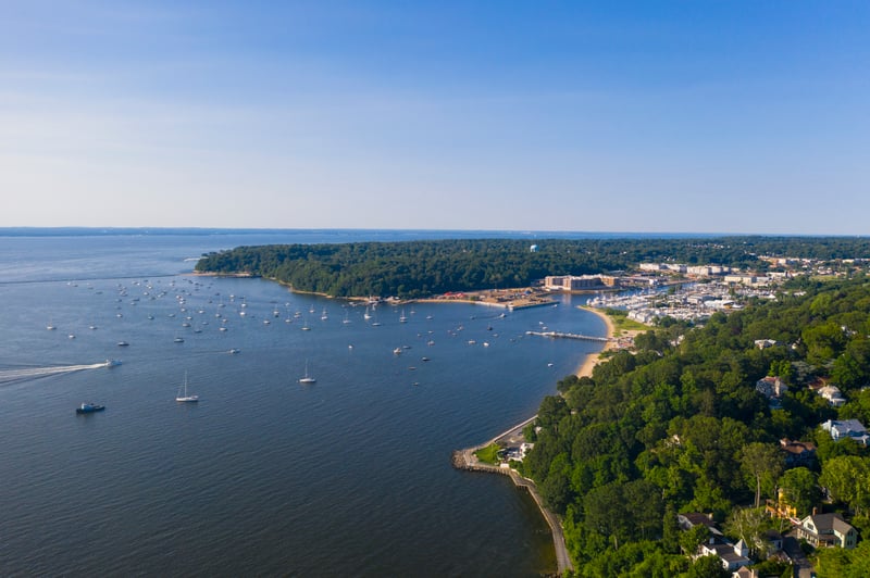Aerial view of Manhasset Bay at Port Washington in Nassau County, Long Island, New York.