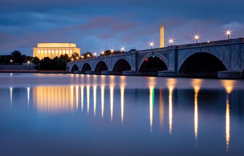 The Lincoln Memorial, National Mall and Potomac River in Washington, D.C., at twilight.
