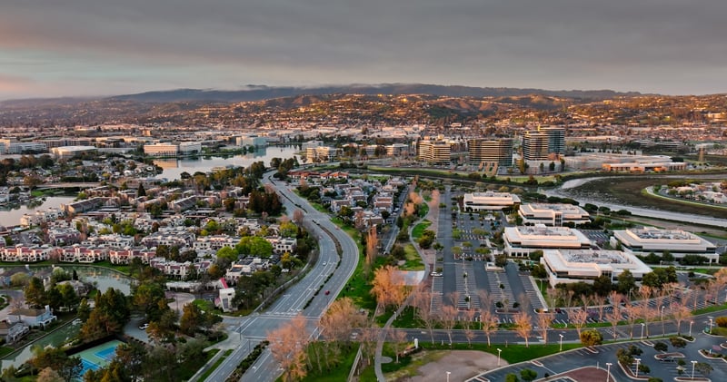 Office parks and neighborhoods in Redwood Shores, Redwood City, on California's San Francisco Peninsula.