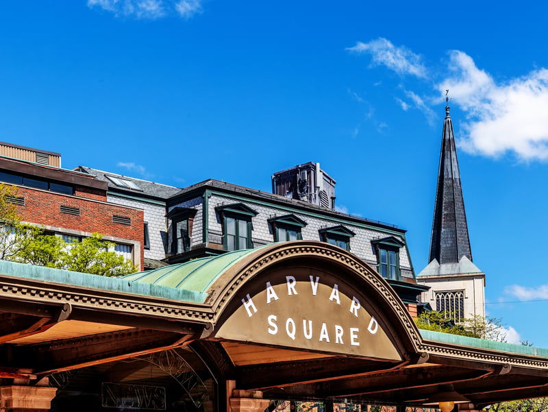 The Harvard Square kiosk sign above the street in Cambridge, Massachusetts.