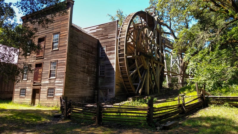 The wooden waterwheel at Bale Grist Mill State Historic Park in Napa Valley, California.