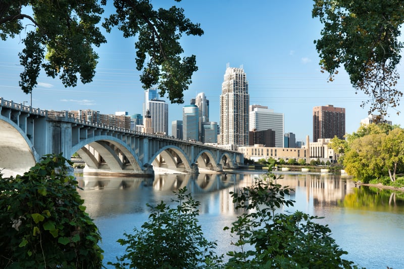 Downtown Minneapolis, Minnesota, across the Mississippi River and Third Avenue Bridge.