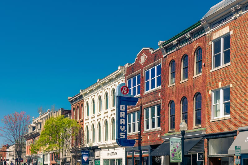 Historic storefronts and the Gray's sign in downtown Franklin, Tennessee.
