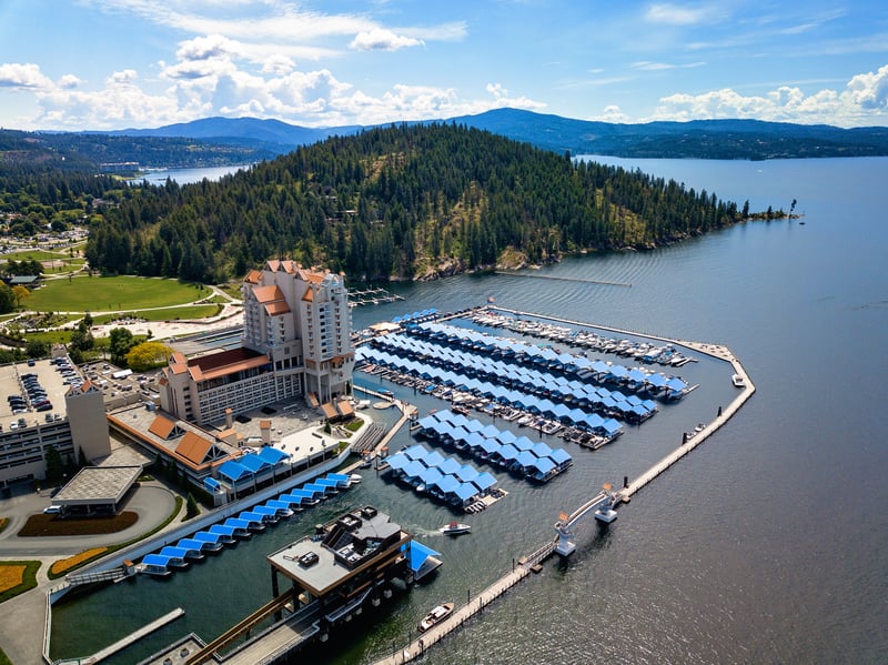 The waterfront resort, marina and surrounding hills in Coeur d'Alene, Idaho.