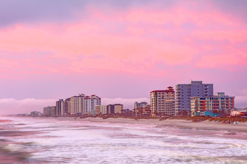 Beachfront buildings beside the surf at Jacksonville Beach, Florida.