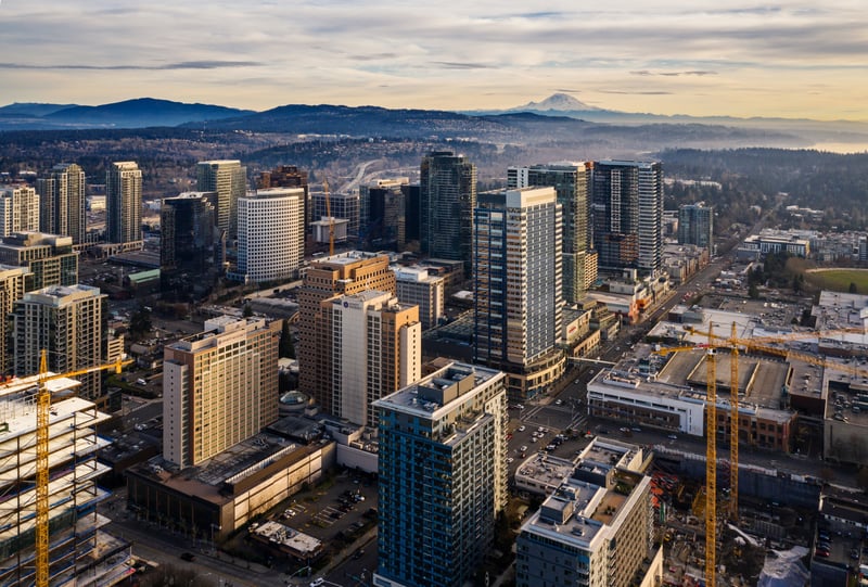 Downtown Bellevue, Washington, with Mount Rainier rising beyond the skyline.