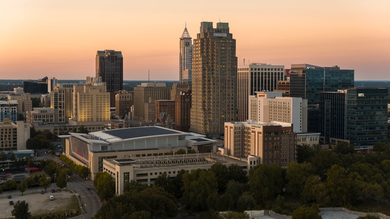 Office towers in downtown Raleigh, North Carolina, at sunset.